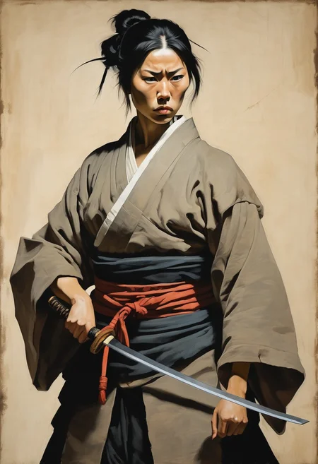 detailxl, high quality, intricate, painting of,
front view,
(full body shot, asian samurai woman standing pose, angry, short hair, battle scar on face, samurai, looking at viewer:1.3),
(artistic colored blank background:1.2)
(by Theodore Gericault:1.3)