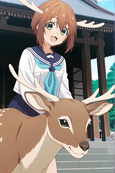 detailed background, official style,anime coloring, (anime screencap) masterpiece, detailed face,1girl   <lora:Noko_Shikanoko (1):0.8>shikanoko, brown hair, green eyes, school uniform, open mouth, solo, short hair, antlers, deer, serafuku, sailor collar, smile, long sleeves, blue sailor collar, :3, outdoors, :d, shirt, cover, white shirt, looking at viewer, animal, shrine, photo background