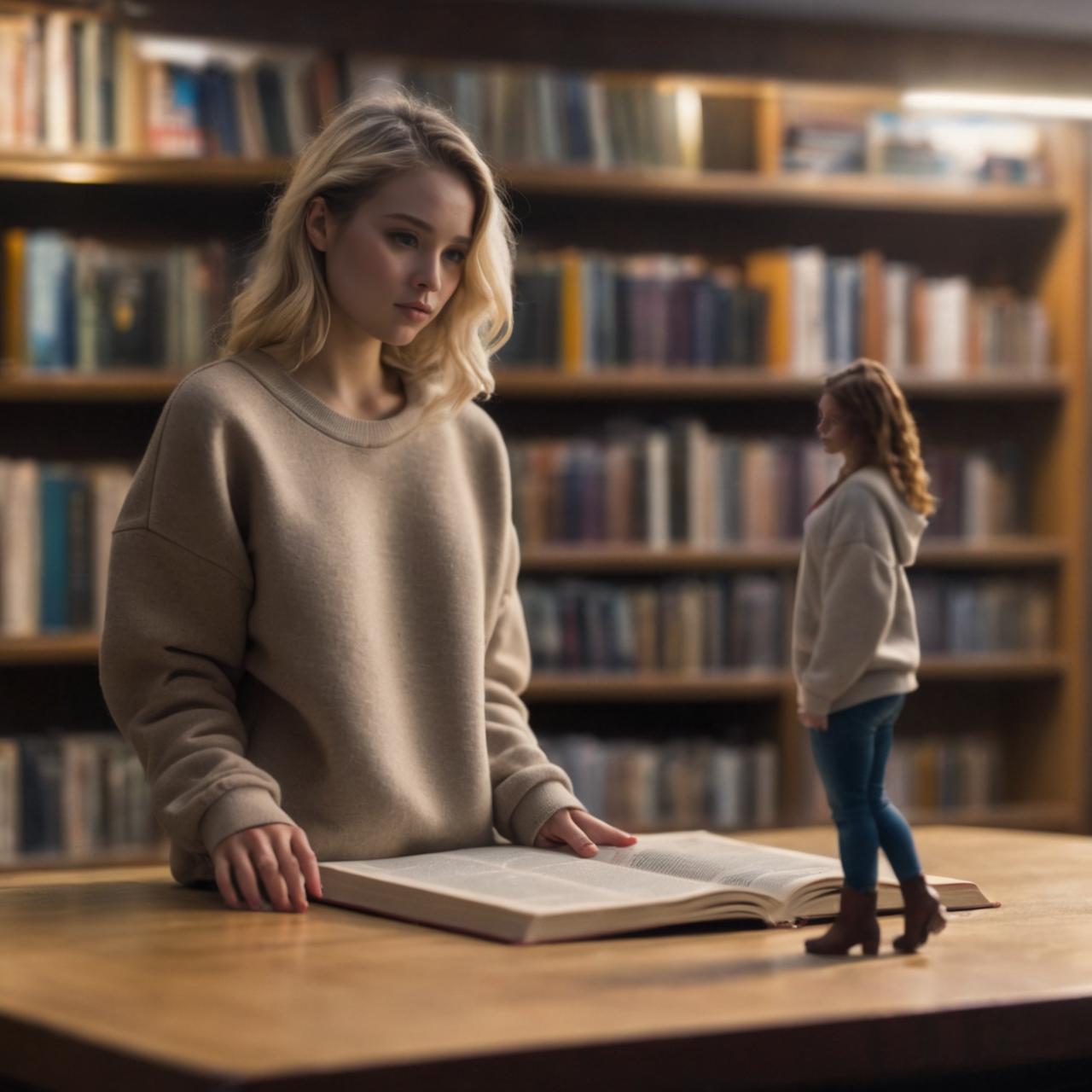 (best quality), (masterpiece), ultra-detailed, illustration, a scene involving one tiny (miniature:1.4) woman, looking at viewer, 30 year old, (huge loose oversized sweatshirt and loose jeans), (piercings), huge brown leather boots, 1girl, tiny, minigirl, miniature woman standing on a table, library, reading book, dynamic light, long blonde hair,Canadian face, 8k uhd, dslr, soft lighting, high quality, film grain, Fujifilm XT3, sharp focus, F/8.0, (long shot:1.2),  <lora:shrunken:1.2>