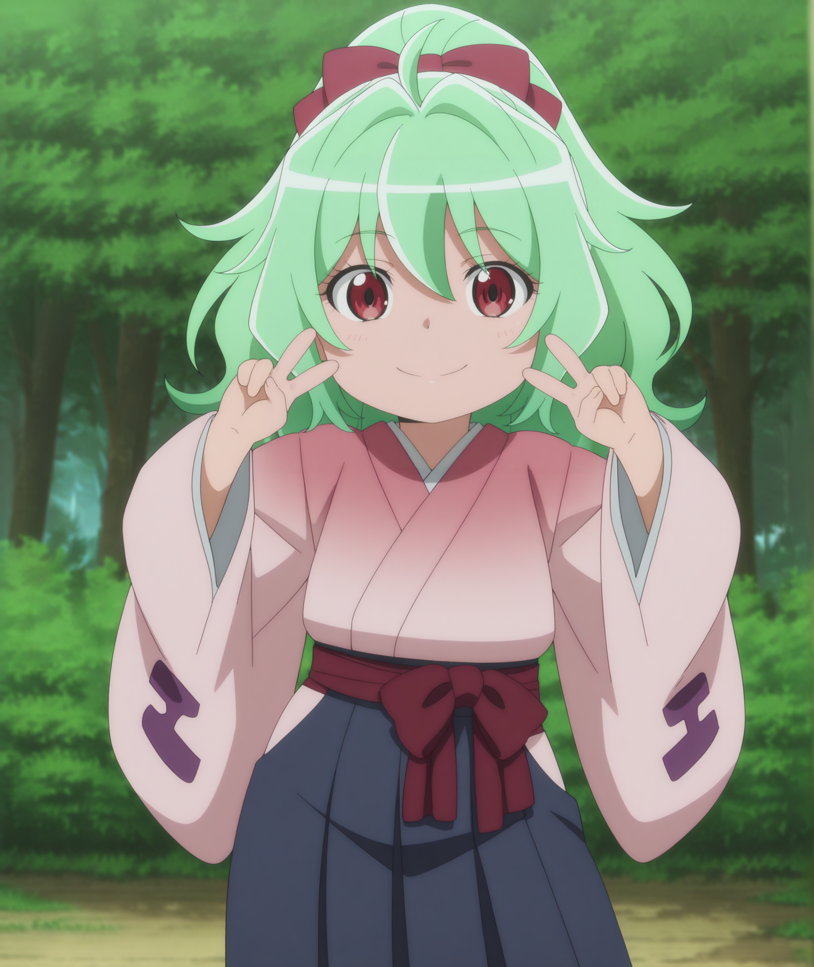 official art, absurdres, highres, anime coloring, hi res, best quality, masterpiece, 2d, intricate details, 4k, shadow,
1girl, solo, female, chibi, aged down, long hair, red eyes, ponytail, ahoge, green hair, 
bow, hair bow, hair ribbon, ribbon, 
skirt, long sleeves, outdoors, japanese clothes, wide sleeves, kimono, hakama, hakama skirt, blue hakama,
contrapposto, looking at viewer, cowboy shot, double v, 
depth of field, blurry background, blurry, forest, <lora:Komoe_(Character)_ILXL:1>