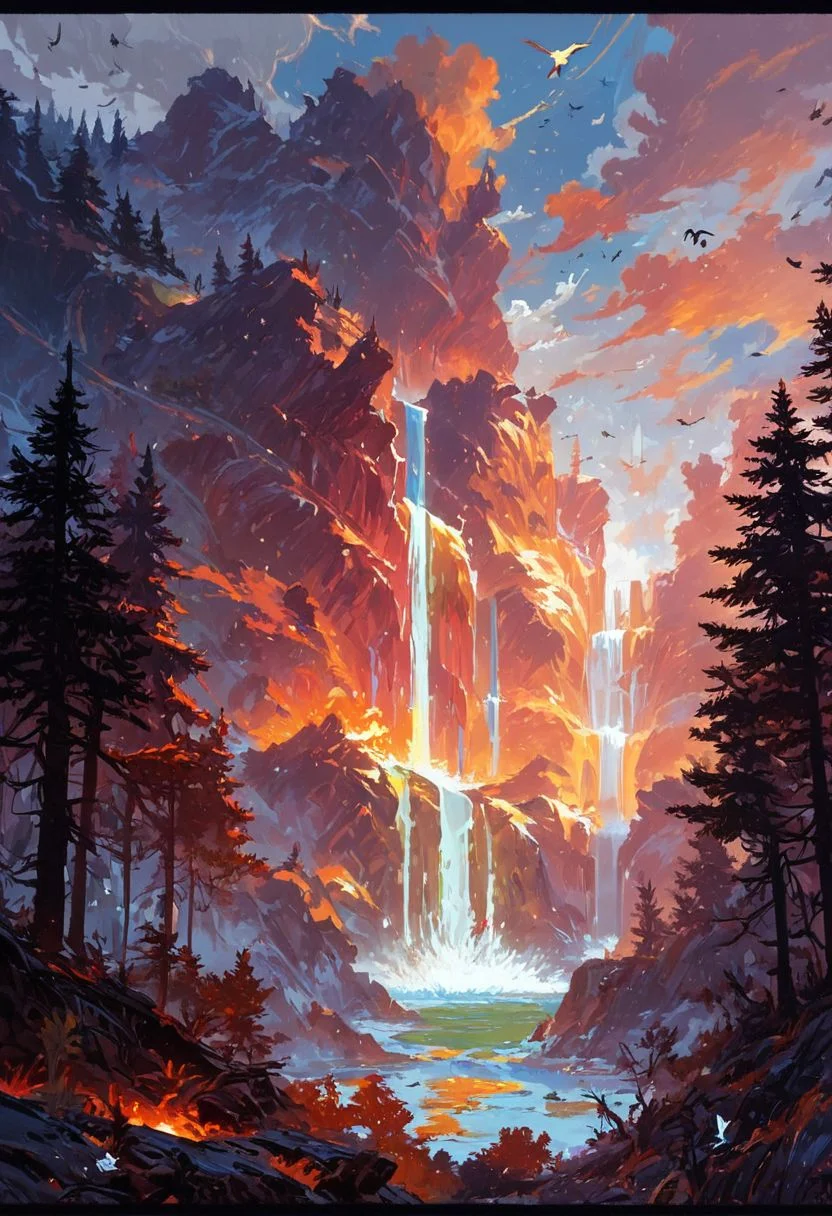 score_9, score_8_up, score_7_up, score_6_up, score_5_up, score_4_up, waterfall, mountains, forest, wind, fire, masterpiece, source_painted_concept_art
BREAK
Bird’s eye view looking down