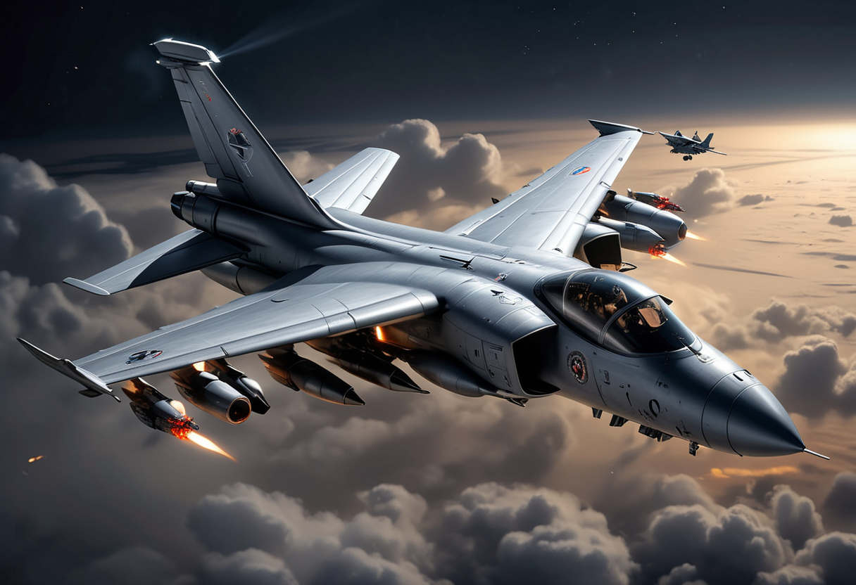 (medium full shot) of (reliable medium-sized silver military plane) with titanium-alloy body, turbofan engines, electronic warfare pods, adorned with squadron insignia, flying over  performing a close air support mission in the battle zone, the military plane targeting enemy positions, on a reconnaissance mission, at night, Masterpiece,best quality, photo, realistic, very aesthetic, dark