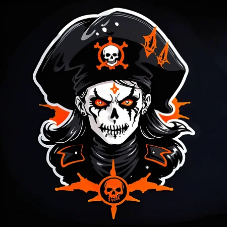 A pirate hat necromancer sticker, stickers on black background with orange-red highlights