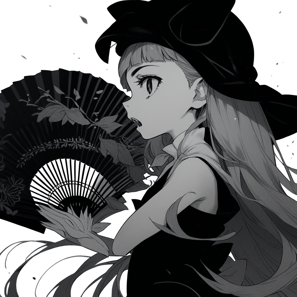 anime coloring, score_9, score_8_up, score_7_up, score_6_up, jane elves, toaru, 1girl, monochrome, greyscale, hand fan, solo, slit pupils, hat, black dress, profile, long hair, caplet, open mouth, looking at viewer, flat chest