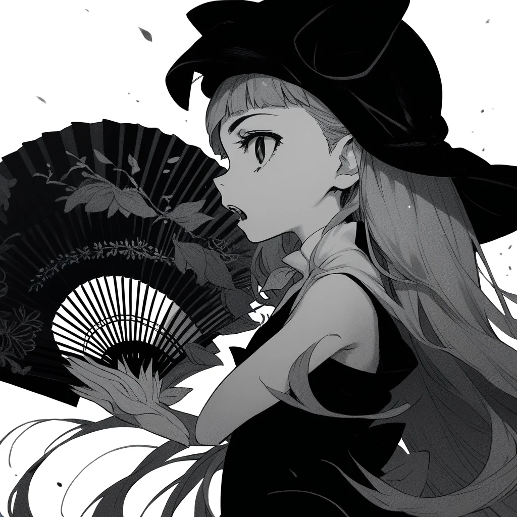 anime coloring, score_9, score_8_up, score_7_up, score_6_up, jane elves, toaru, 1girl, monochrome, greyscale, hand fan, solo, slit pupils, hat, black dress, profile, long hair, caplet, open mouth, looking at viewer, flat chest