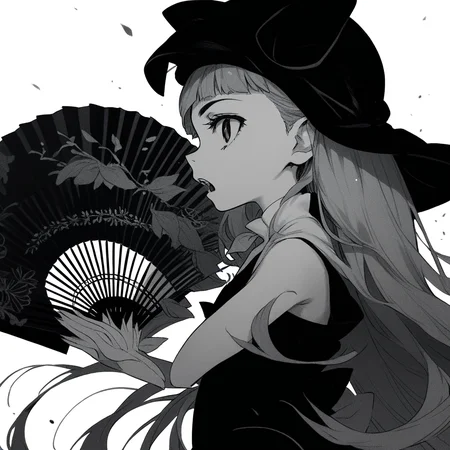 anime coloring, score_9, score_8_up, score_7_up, score_6_up, jane elves, toaru, 1girl, monochrome, greyscale, hand fan, solo, slit pupils, hat, black dress, profile, long hair, caplet, open mouth, looking at viewer, flat chest