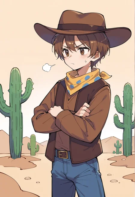 outdoors, desert, cactus, sweat, 1boy, serious, crossed arms, brown hair, short hair, brown eyes, cowboy hat, Bandana Around Neck, polka dot, brown shirt, long sleeves, vest, belt, jeans
<lora:Clover_Undertale:1>, score_9, score_8_up, score_7_up, score_6_up, score_5_up, score_4_up, BREAK source_anime, masterpiece