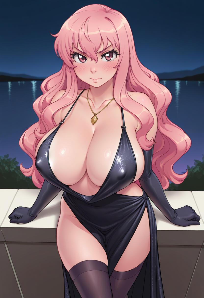 masterpiece, best quality,
 <lora:Fizzz:1> F1z3t4zz,  1girl, solo, standing, looking at viewer, blush, louise francoise le blanc de la valliere, pink hair, huge breasts, cocktail dress, revealing clothes, cleavage, collarbone, necklace, elbow gloves, thighhighs, covered nipples, outdoors, night,