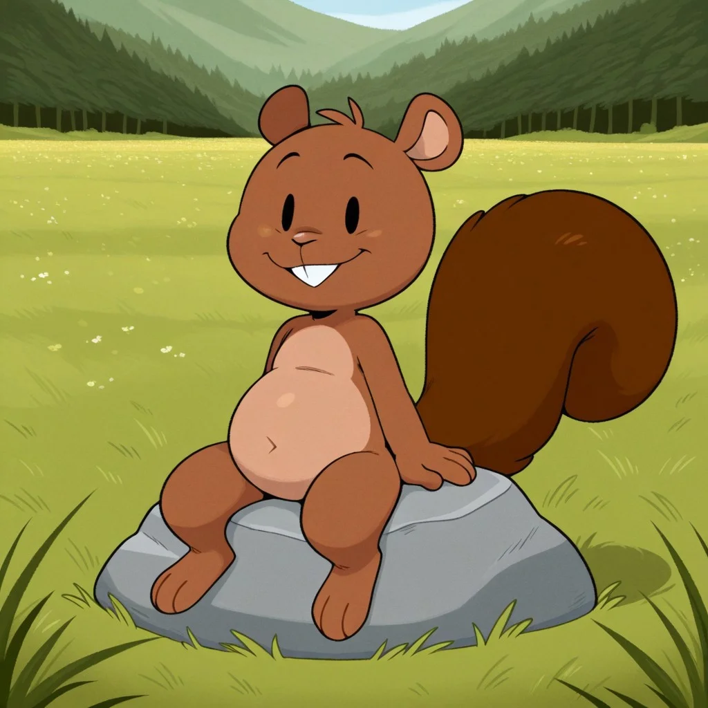 Cashew, Solo, 1boy, semi-anthro, male furry, rodent, squirrel boy, brown fur, tan belly, Dot eyes, squirrel tail, buck tooth, full body, looking at viewer, smile, sitting on rock, meadow, nature,