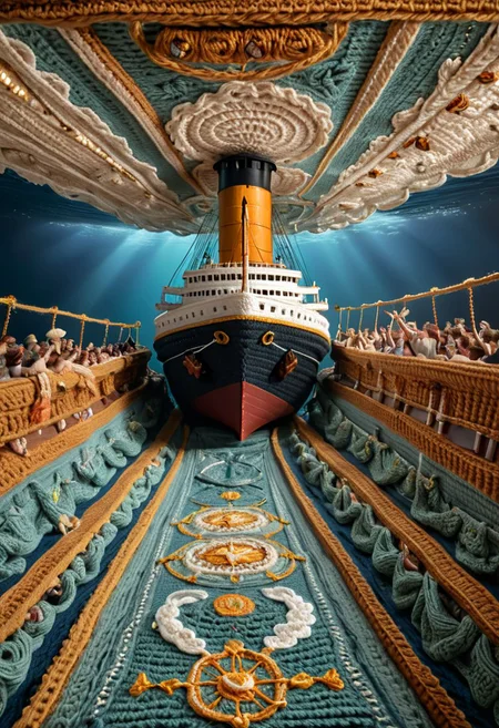 The scene from the Titanic with arms out on the front of the ship, in the style of crochet, vibrant, Masterpiece, (8k), highest-quality, intricate details, highly detailed, best artist, micro-details, micro-details within the micro-details, sharp edges, detailed textures, ((full body cinematic)), atmospheric lighting, visually stunning, perfect composition, trending on artstation