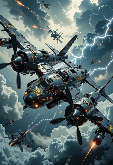 A hyper-detailed, wide-view, high-angle shot captures a breathtaking futuristic sci-fi cinematic scene. The dramatic storm-laden sky forms the backdrop, with swirling, dark clouds illuminated by streaks of lightning. Below, a colossal, double-body heavy aircraft dominates the scene, its immense silhouette cutting effortlessly through the tempestuous atmosphere.
The plane, a fusion of grimdark aesthetics and futuristic design, boasts twin propellers on each body’s front, their spinning arcs carving through the storm. Forged from dark gunmetal alloy, the twin fuselages glisten faintly under the sporadic flashes of lightning, their surfaces adorned with intricate golden runes and glowing cybernetic lines that pulsate with ethereal energy. Massive wings, equipped with engines and weaponry, stretch outward, embodying power and mechanical precision.
The high-angle perspective highlights the aircraft’s imposing size and intricate mechanical details. Guns protrude from reinforced turrets, their presence adding a menacing tone to the scene. The stormy expanse, layered with cinematic lighting and rich atmospheric depth, emphasizes the lonely journey of this grim mechanical behemoth. Rendered in ultra-realistic 32k resolution, this masterful digital artwork blends technological artistry with the haunting beauty of a storm-battered sky, evoking awe and wonder.