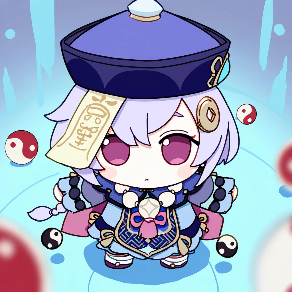 chibi,fumo,
1girl,solo,long hair,looking at viewer,bangs,hair ornament,long sleeves,hat,hair between eyes,jewelry,purple eyes,purple hair,braid,sidelocks,shorts,wide sleeves,necklace,chibi,blurry,single braid,depth of field,chinese clothes,low ponytail,beads,ofuda,vision \(genshin impact\),yin yang,jiangshi,bead necklace,qing guanmao,yin yang orb,coin hair ornament,qiqi \(genshin impact\),
<lora:fumo_noob1:1>,