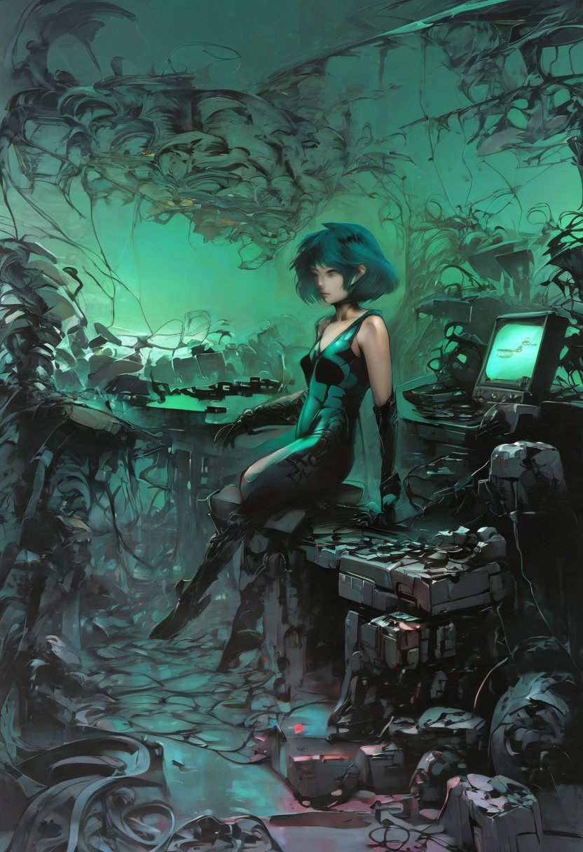 90's vintage manga, dramatic perspective, grainy, illustration aesthetic, high contrast lighting, vignette
1girl, niji,score_9, score_8_up, score_7_up, source_anime 80,(perfect composition), (high resolution, masterpiece, ultra best quality, insanely amazing hyper fine extremely detailed, official:1.4) full body, 1980 horny milf hacker anime girl in lingerie sitting at a desk with a vintage computer, seductive hacker anime girl in lingerie, retro cyberpunk anime, 1980 cyberpunk, girl in lingerie, 1990 cyberpunk anime!!, best 1990 anime 4k wallpaper, (anime girl with green teal short hair), 1990 anime style in 4 k, low-poly, low poly, n64-lowpoly style, mega man legend art ,black latex lingerie, black lace lingerie, 1980, multiple old computer , serial experiments lain room,  high degree electronic laboratory, (lots of old computer hardware, surrounded by old computer screen, a lots of cable wires, octane rendering, colorful contrast, unadorned, dark computer room, night), , retro style, 1980s (style), 1990s (style),,wearing edgLL leather lingerie, edgLL,hot big breast and curvy ladies bare shoulders, science fiction,
lineart, best quality, anime style, fine line art 90's vintage, moebius, tsutomu nihei, speed lines, 4k, intense, 1girl, 90s anime, masterpiece, ach-ciloranko, chromatic aberration, colors saturation, vibrant colors,
<lora:niji:0.6>, <lora:MJ52:0.4>, <lora:Akira_Style_XL:0.25>, <lora:add-detail-xl:1> ,<lora:detailed_eye_model:0.6>