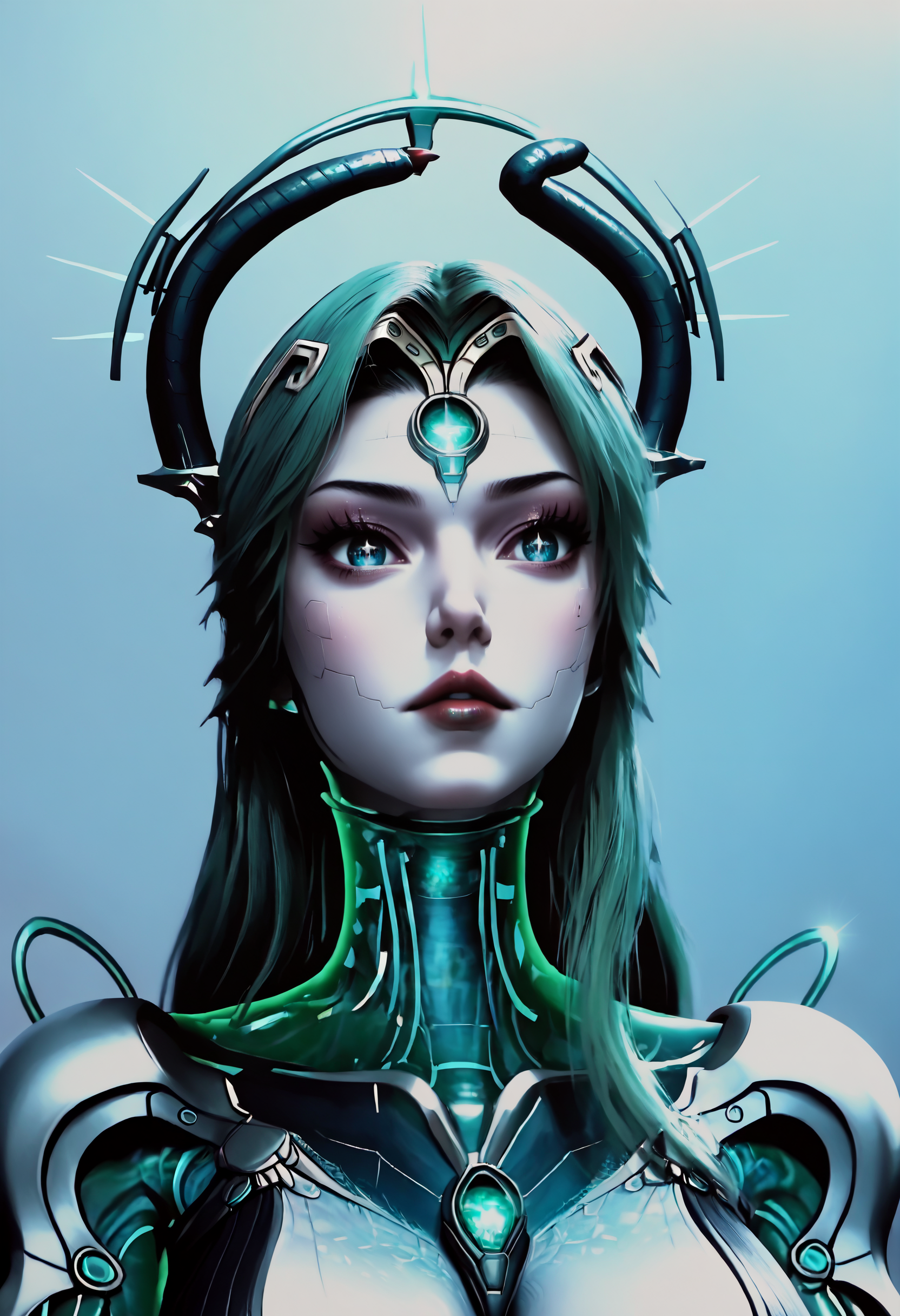 Masterpiece, best quality, amazing quality, very aesthetic, high resolution, ultra-detailed, absurdres, HDR, cinematic lighting, highres, newest, 
poyu, PoYu, snake woman, cyborg lamia, futuristic snake-themed character, biomechanical hybrid, snake tail lower body, green hair, 1girl, solo, long hair, portrait, black hair, cyborg, forehead jewel, looking to the side, black eyes, lips, metallic body parts, teal glowing eyes, forehead jewel, cyberpunk aesthetic, techno-organic design, snake horns, glowing teal highlights, holographic elements