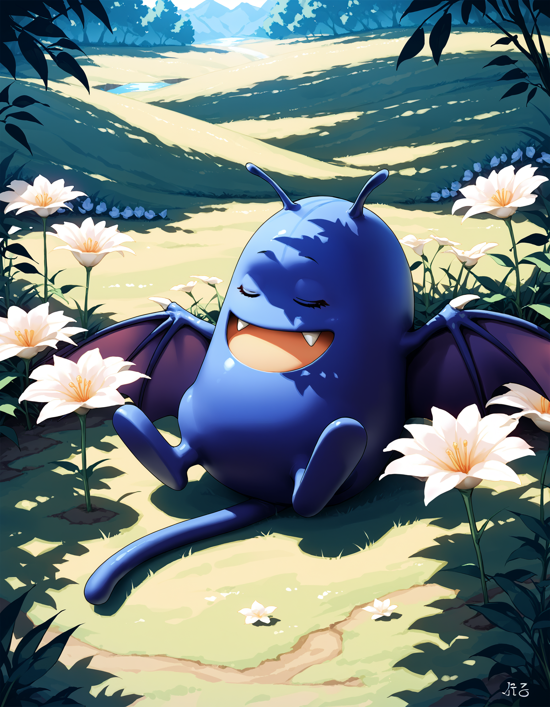 zPDXL3,full_body,field,<lora:Pony_DetailV2.0:1>,day,
BREAK dracky,sitting,no humans,:D,fang,black eyes,bat wings,open mouth,<lora:dracky-v2-pony:1>,closed eyes,sleeping,zzz,flower,