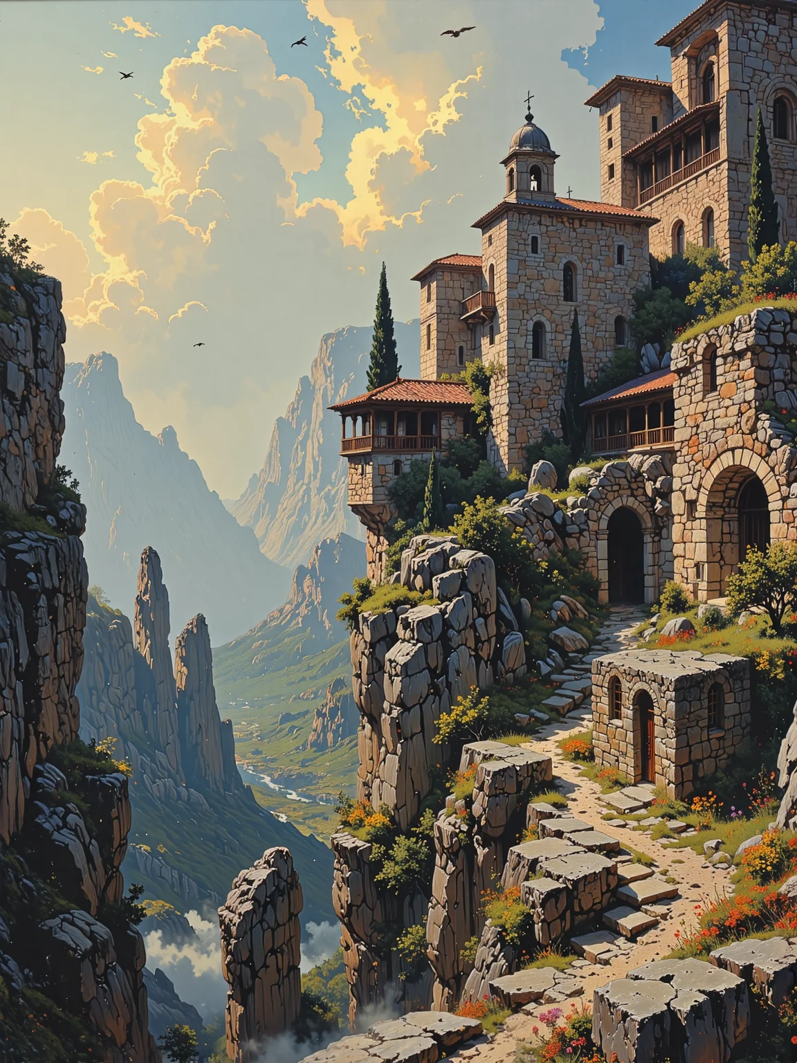 karst, famous artwork, masterful use of light and shadow, masterful composition following the rule of thirds, chiaroscuro, dappled sunlight, oil painting in the tradition of the hudson river school, masterful attention to light and atmospheric perspective, traditional media, epic scenery, rule of thirds, meteora, greece, view from the top of a cliff, a rugged rocky ledge with wild grass and small patches of wildflowers in the foreground, bathed in the light of a late afternoon, a labyrinth of towering sandstone pillars rising majestically from the misty valley, in the distance an ancient medieval monastery, a cluster of austere, weathered stone buildings with red-tiled roofs, is perched atop one of the highest rock formations, its rough-hewn walls blending harmoniously with the rugged landscape, wooden balconies jutting over the precipice, narrow arched windows peering out over the vast scenery, conveying an air of solitude and resilience, dramatic cliffs and vertical rock faces dominate the foreground, their textured surfaces catching the interplay of sunlight and shadow, delicate tufts of vegetation clinging to the craggy formations, adding depth and contrast to the scene, the middle ground reveals a lush, rolling valley stretching into the distance, covered in dense greenery, cypress trees, and wildflowers, centuries-old winding footpaths weave through the terrain, a small river meanders through the valley, an awe-inspiring sky painted with sweeping, expressive brushstrokes, towering cumulus clouds, their billowing forms illuminated by the setting sun, rays of light filtering through the clouds, subtly illuminating the valley below, birds soar effortlessly on the warm evening breeze, adding a sense of movement and life, rich, luminous colors capturing the interplay between land and sky, a sense of sublime beauty and spiritual reverence, meticulous detailing in the authentic medieval byzantine monastery architecture, with unembellished facades, simple arched windows, and modest wooden balconies, delicate brushwork rendering the textures of stone, wood, and foliage, the composition balanced between grandeur and serenity, unpainted rough stone facades, ovg, style of rembrandt, <lora:style-hudson_river_school-flux-by_kornrat:0.56> <lora:style-rembrandt-flux-by_tangbohu:0.52> <lora:style-cheats-by_schmede:0.6>
