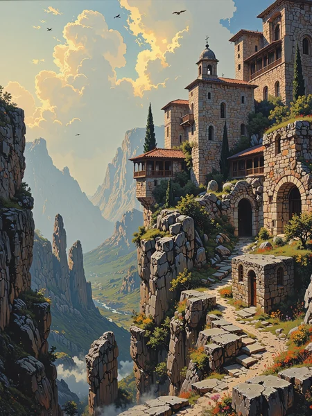 karst, famous artwork, masterful use of light and shadow, masterful composition following the rule of thirds, chiaroscuro, dappled sunlight, oil painting in the tradition of the hudson river school, masterful attention to light and atmospheric perspective, traditional media, epic scenery, rule of thirds, meteora, greece, view from the top of a cliff, a rugged rocky ledge with wild grass and small patches of wildflowers in the foreground, bathed in the light of a late afternoon, a labyrinth of towering sandstone pillars rising majestically from the misty valley, in the distance an ancient medieval monastery, a cluster of austere, weathered stone buildings with red-tiled roofs, is perched atop one of the highest rock formations, its rough-hewn walls blending harmoniously with the rugged landscape, wooden balconies jutting over the precipice, narrow arched windows peering out over the vast scenery, conveying an air of solitude and resilience, dramatic cliffs and vertical rock faces dominate the foreground, their textured surfaces catching the interplay of sunlight and shadow, delicate tufts of vegetation clinging to the craggy formations, adding depth and contrast to the scene, the middle ground reveals a lush, rolling valley stretching into the distance, covered in dense greenery, cypress trees, and wildflowers, centuries-old winding footpaths weave through the terrain, a small river meanders through the valley, an awe-inspiring sky painted with sweeping, expressive brushstrokes, towering cumulus clouds, their billowing forms illuminated by the setting sun, rays of light filtering through the clouds, subtly illuminating the valley below, birds soar effortlessly on the warm evening breeze, adding a sense of movement and life, rich, luminous colors capturing the interplay between land and sky, a sense of sublime beauty and spiritual reverence, meticulous detailing in the authentic medieval byzantine monastery architecture, with unembellished facades, simple arched windows, and modest wooden balconies, delicate brushwork rendering the textures of stone, wood, and foliage, the composition balanced between grandeur and serenity, unpainted rough stone facades, ovg, style of rembrandt, <lora:style-hudson_river_school-flux-by_kornrat:0.56> <lora:style-rembrandt-flux-by_tangbohu:0.52> <lora:style-cheats-by_schmede:0.6>