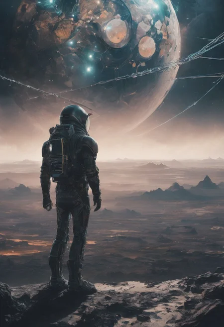 double exposure, 1boy, astronaut, facing the viewer, digital, masterpiece, more details, EdobHorrorLandscape. vast, (detailed art), absurdres, BREAK
close up to surface of alien planet, zoomed, ral-ertmsphr, dark, beautiful yet scary landscape, horror of stars in the sky, covered in wires, (((covered in metal pipes))), dynamic angle, (wires maze), (huge alien obelisk), highly technological, blue glow, green.
moody lights, atmospheric,