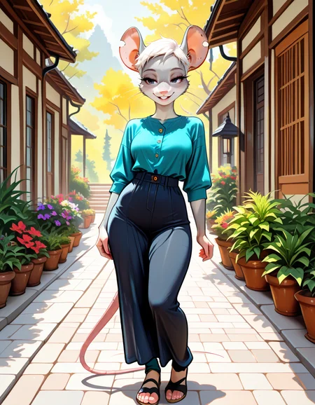 masterpiece, best quality, very aesthetic, absurdres,
outdoors, casual, 
full body, standing, posing, 
seductive smile, parted lips, long eyelashes,
<lora:Amelia_v01_NAIXL:1>
Amelia,1girl,solo,furry,female,mouse girl,mouse ears,notched ear,white hair,very short hair,black eyes,snout,buck teeth,whiskers,body fur,grey fur,mouse tail,
