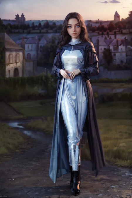 (full body portrait:1.2) of (french:1.2), <lora:HAIR very_long_hair-10.safetensors: 0.6806143112315803> very_long_hair, (dark [brown, blue] perfecteyes eyes looking at the camera:1.4), (smiling:-0.5) mouth, (interesting medieval countryside outdoor background:1.8), warm lighting, detailed face, <lora:QUALITY add_detail:0.8>, wearing blue medieval clothes, (jewelry:1.0), <lora:CLOTHES holov7.safetensors:0.4> holographic, holographic clothing, <lora:SLIDER gender_slider_v1:3>, <lora:SLIDER Squeezer2:0.9> woman, <lora:SLIDER ClothingAdjuster3:-0.8>, <lora:BACKGROUND FantasySettlement:0.2> (FanSe:1.3), extremely detailed oil painting, cinematic lighting, cgsociety, fantastic composition, rich vivid colors, ambient lighting, dynamic, octane render, trending on artstation, masterpiece, photorealistic