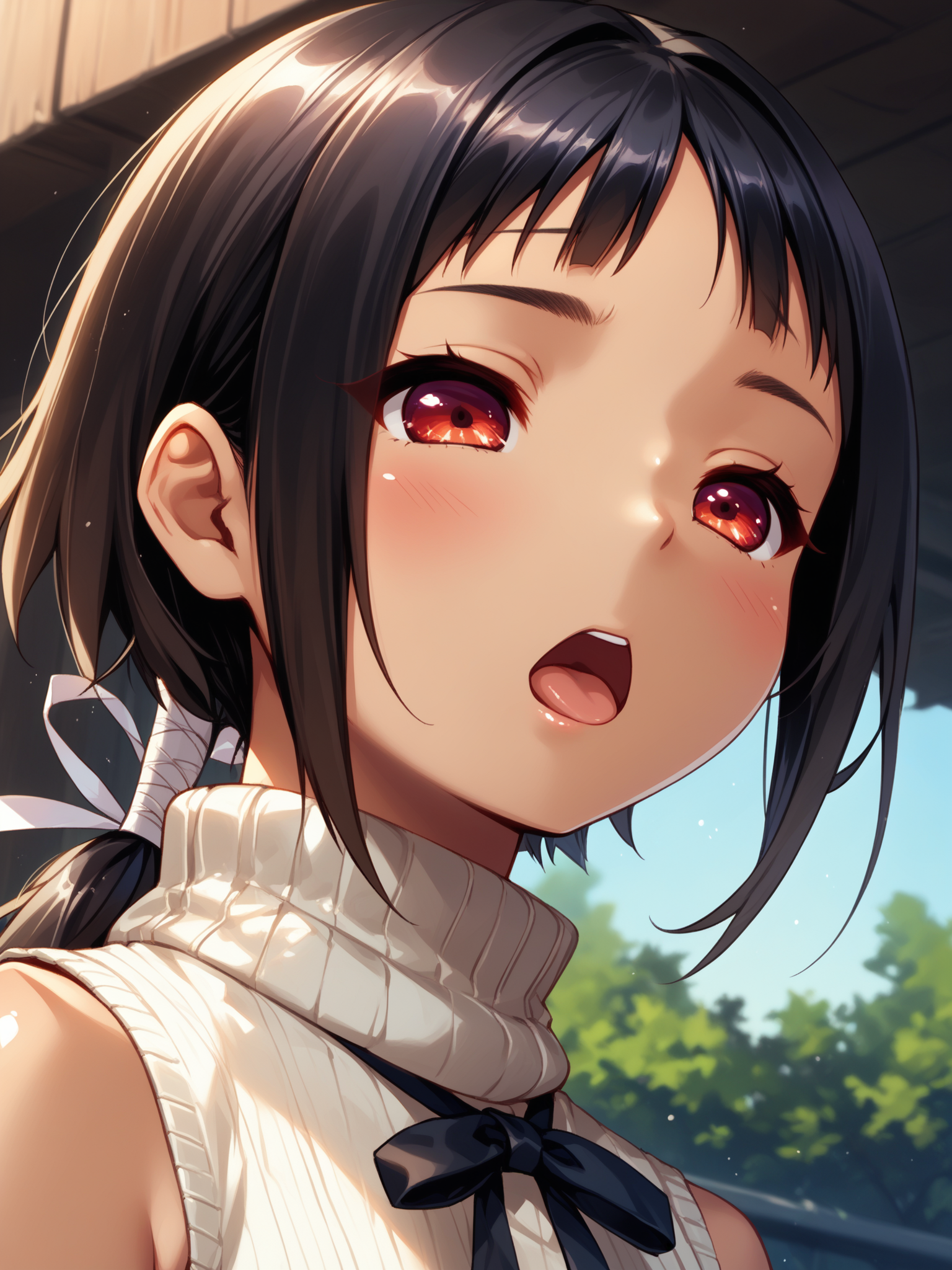 (, solo focus:1.2) <lora:happy_tentacle-arle-v0.1-000034:0.8>, ht_arle, low ponytail, hair ribbon, black hair, (petite:1.2), <lora:Shed_The_Skin's StS_age_slider_v1_initial_release:-1.4> ( :1.1) ( (head back :0.8) , , ( :1.2) , torogao , (looking down:1.2) :1.2) , outdoors, vegetation, ( :1.1), , (day :0.6), (blue sky:0.6) , (:0.5), , ( :0.9), sleeveless shirt, (turtleneck sweater:1.2) (( from below :1.1) :0.8) score_9, score_8_up, score_7_up, score_6_up, score_5_up, score_4_up, ( [(realistic, photorealistic:1.3):(realistic:1.2):16] [(3d:1.2)::14] :1) <lora:LUUNA's Lunas-NijiJourney-SDXL-B2:0.5>, nijijourney <lora:prgfrg23's Counterfeit-V3.0 Style SDXL_LoRA_Pony Diffusion V6 XL:0.5> <lora:mfcg's mfcgXL:0.12> <lora:reweik's gyokai(himehajime)_PonyXL_style_v01:0.14>