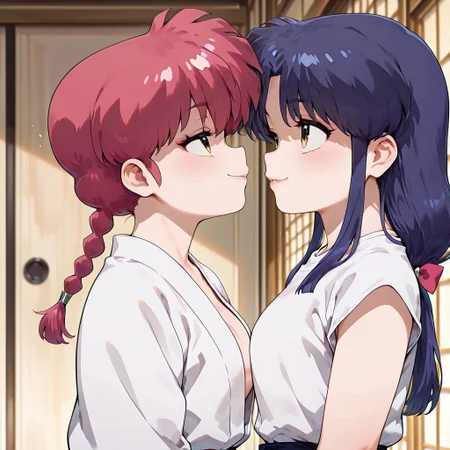 masterpiece,best quality,amazing quality,very aesthetic,absurdres,newest, huge filesize,
<lora:spo_sdxl_10ep_4k-data_lora_webui:0.5>,
<lora:add-detail-xl:1>
1girl ranma, long_hair,red_hair, braided_ponytail, green eyes,
1girl akane, low-tied_long_hair, sidelocks, blue_hair, hair_bow, brown_eyes
(from side,side view), seductive smile,
open clothes, looking each other, looking up, focus on face, heads at center of frame