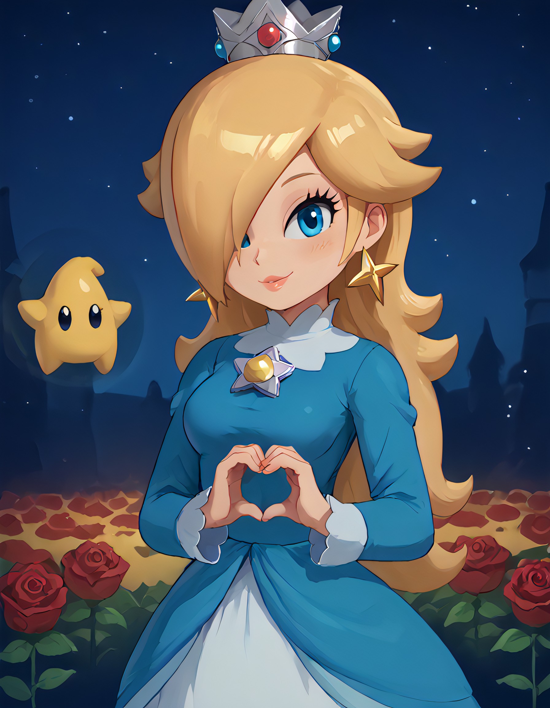 score_9_up, score_9, score_8_up, score_7_up, rating_explicit, bokeh, flat colors, lineless, vector art, vector graphics, z0nkp4nch, cute, 1girl, alone, solo, portrait, narrowed eye, big smile, pov, handing out heart, holding heart, flower field, roses, starry night, Rosalina Nintendo, Super Mario, Long blonde hair, Blue eyes, Fair skin, Elegant blue gown, Gold crown, Star-shaped earrings, Long sleeves, Slight smile, Graceful posture, rosalina, blonde hair, blue eyes, hair over one eye, long hair,
