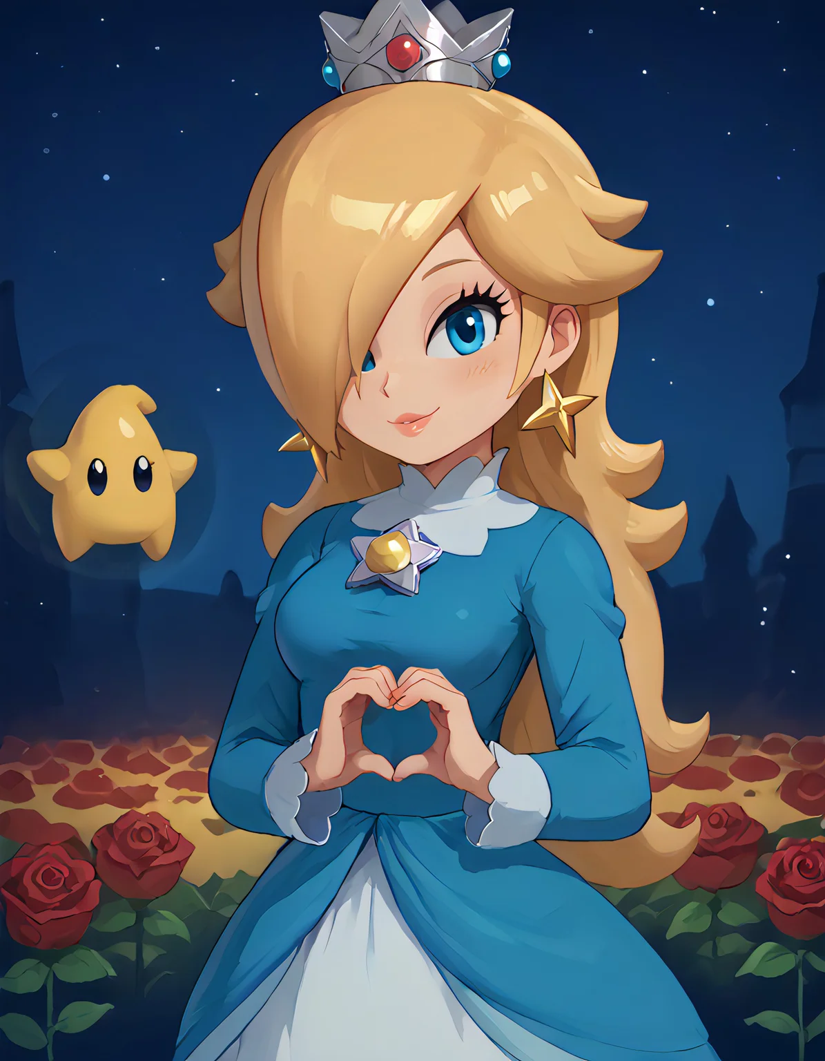 score_9_up, score_9, score_8_up, score_7_up, rating_explicit, bokeh, flat colors, lineless, vector art, vector graphics, z0nkp4nch, cute, 1girl, alone, solo, portrait, narrowed eye, big smile, pov, handing out heart, holding heart, flower field, roses, starry night, Rosalina Nintendo, Super Mario, Long blonde hair, Blue eyes, Fair skin, Elegant blue gown, Gold crown, Star-shaped earrings, Long sleeves, Slight smile, Graceful posture, rosalina, blonde hair, blue eyes, hair over one eye, long hair,