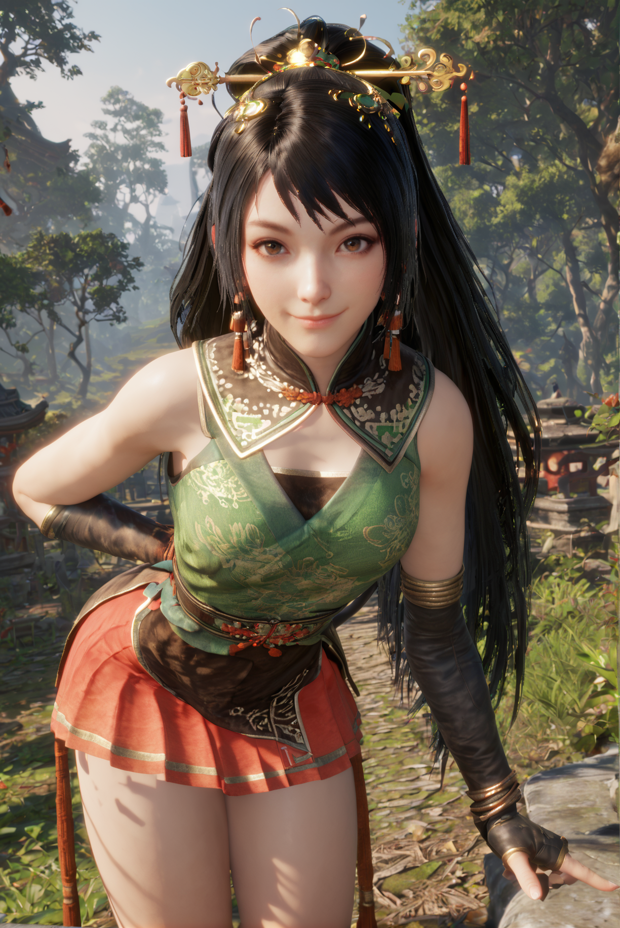 score_9, score_8_up, score_7_up, 3D, 1 girl, solo, black hair, long hair, jewelry, gloves, earrings, skirt, outdoors, hair ornament, brown eyes, chinese clothes,looking at viewer, leaning forward, hand behind back, smiling, closed mouth, <lora:Guan_Yiping_Dynasty_Warriors:0.8>