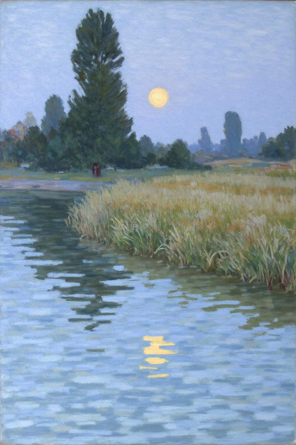helenmcnicoll2 painting.
A misty landscape at dusk, with a body of water in the foreground. The water reflects the fading sunlight, creating a warm, glowing effect, particularly visible in the lower right. Subtle ripples add texture to the scene.
 <lora:helenmcnicoll2_cap_d6a3:1.0><lora:838469361258958885:0>
