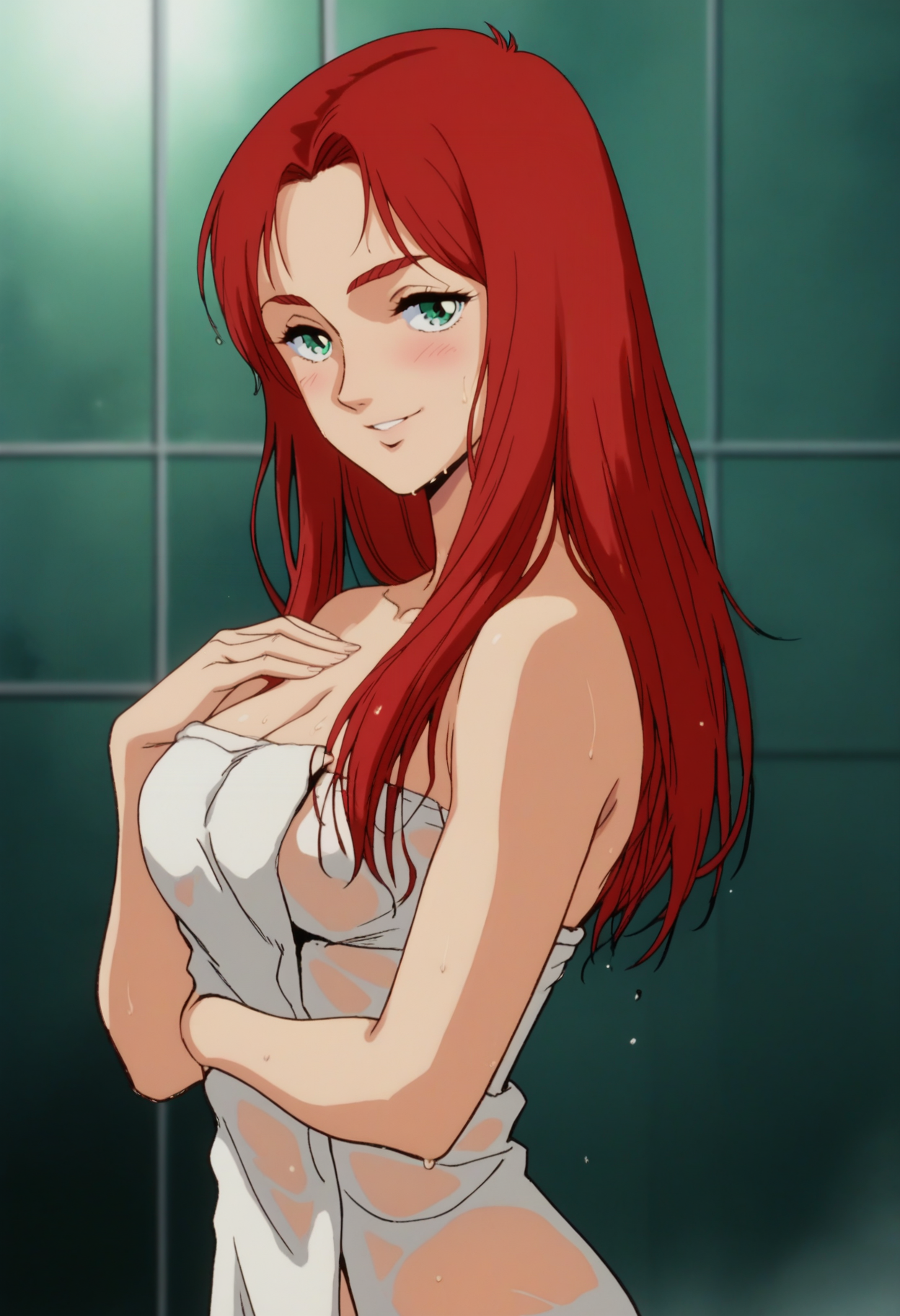 score_9, score_8_up, score_7_up, score_6_up, anime screencap, anime coloring, <lora:G0080CM_epoch_10:0.9>, G0080CM, red hair, green eyes, long hair, breasts, 
wet hair, naked towel, wet, sweat, blush, 
looking at viewer, seductive smile, cowboy shot, seductive pose, hand on own chest, from side, 
BREAK indoors, shower \(place\),