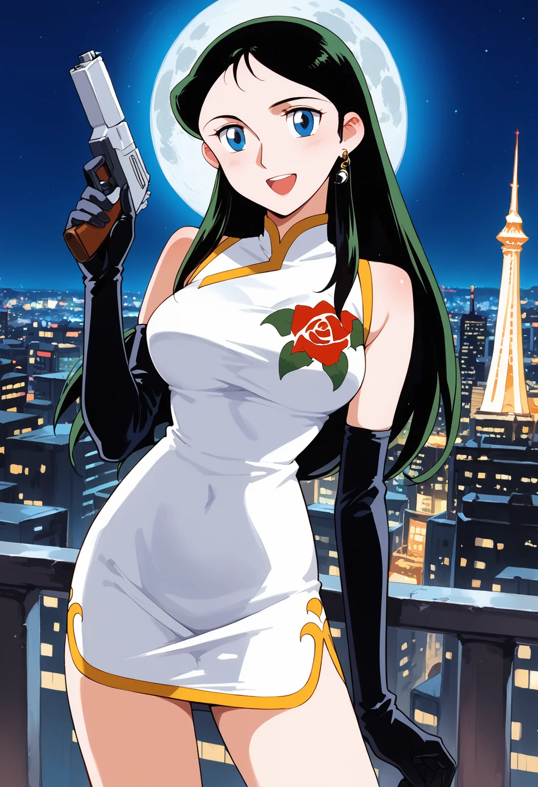 ginreigr, 1girl, solo, (black elbow gloves:1.5), long hair, , dark green hair,, cowboy shot, blue eyes, smile, looking at viewer,, , floral print, white china dress, standing, sleeveless, bare shoulders, open mouth,minidress ,large breasts, <lora:ginreigr_pony2:0.9>night sky, cityscape, city lights, holding pistol,single earring,moon, , score_9, score_8_up, score_7_up, score_6_up, score_ANIME,
