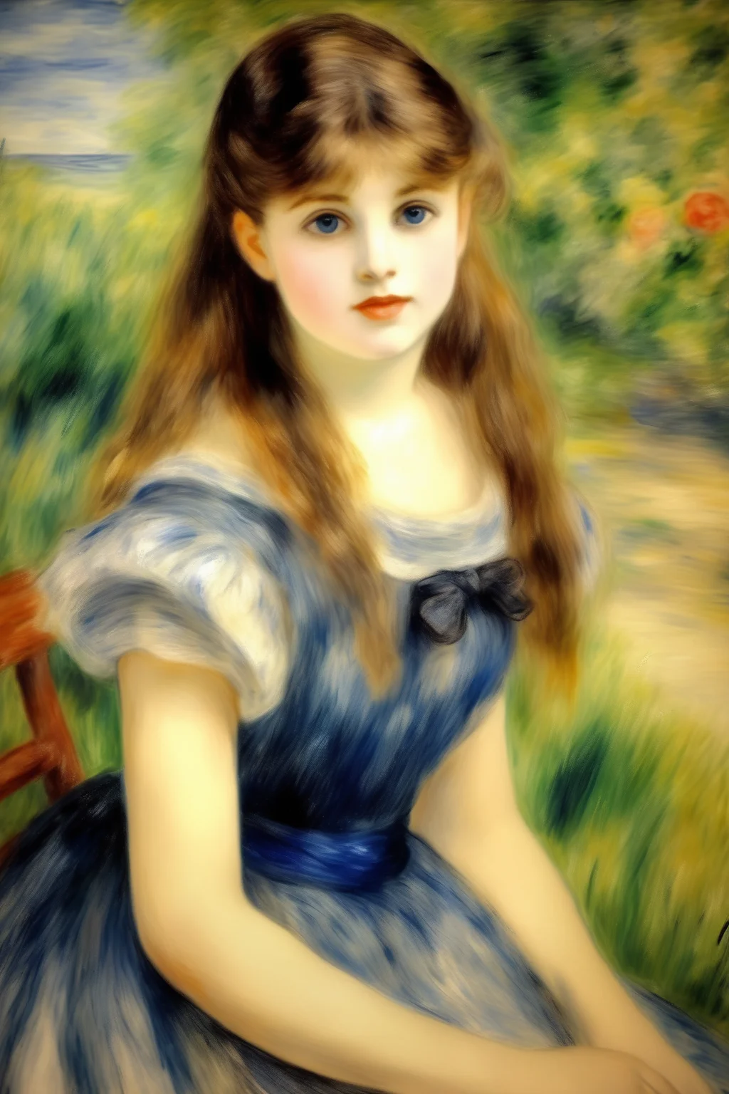 <lora:Pierre Auguste Renoir Style:1>Pierre Auguste Renoir Style - the girl with brown hair and blue eyes wearing dress