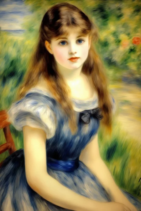 <lora:Pierre Auguste Renoir Style:1>Pierre Auguste Renoir Style - the girl with brown hair and blue eyes wearing dress