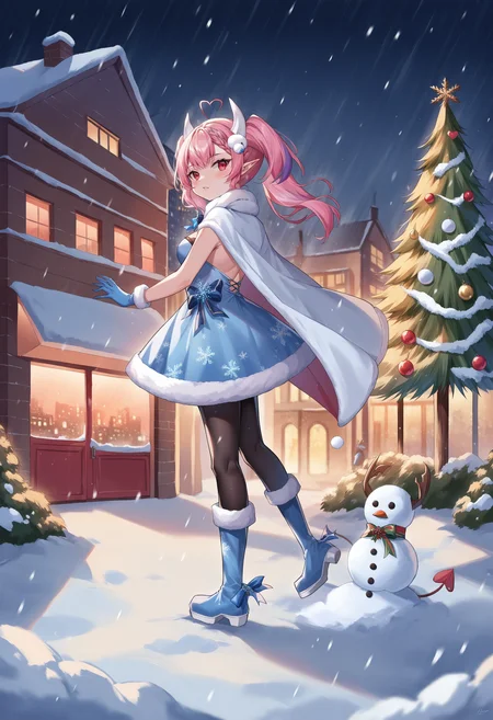 score_9, score_8_up, score_7_up, source_anime, 1girl, outdoors, <lora:Ironmouse_XLPD:1>, IronmouseWinter, red eyes, demon horns, demon girl, demon tail, demon wings, pointy ears, heart ahoge, braid, bangs, twintails, long hair, blue fire, blue dress, pantyhose, blue bow, cape, snowflake print, blue gloves, fur-trimmed boots, fur-trimmed dress, snowing, snowflakes, winter, christmas, christmas tree, street, city lights, snowman, building snowman, looking at snowman, from side,