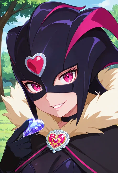masterpiece, best quality, absurdres, very aesthetic, general,
crmsblack, 1girl, solo, mask, looking at viewer, fur trim, pink eyes, black gloves, purple eyes, tree, black bodysuit, holding gem, open mouth, eyelashes, bodysuit, portrait, smirk, evil smile, upper body, face, choker, parted lips, red eyes, makeup, streaked hair, outdoors, :d, anime coloring, black cape, fur collar, short hair, grass, heart brooch, heart jewelry, forehead jewel
<lora:cure_muse_shirabe_ako_illustXL_locon_v1:0.7>