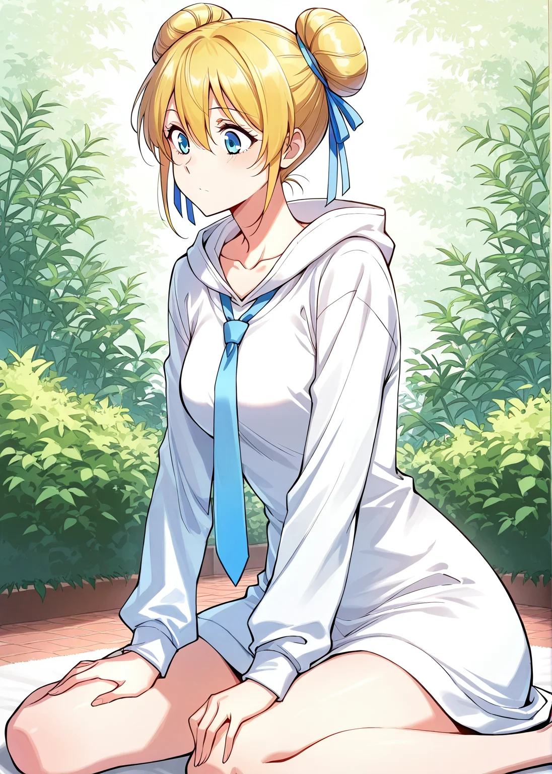 <lora:Meng_Wu:1>
1 girl, solo, blue eyes, blonde hair
white dress, ribbon, hair ribbon, blue ribbon, blue necktie, short hair, hair bun, single hair bun, double bun, white hoodie, hair between eyes, collarbone, white sleeves, long sleeves
score_9, score_8_up, score_7_up, masterpiece, best quality, absurdres, perfect anatomy, 1girl, solo, wariza, sitting, hands on own knees, garden background