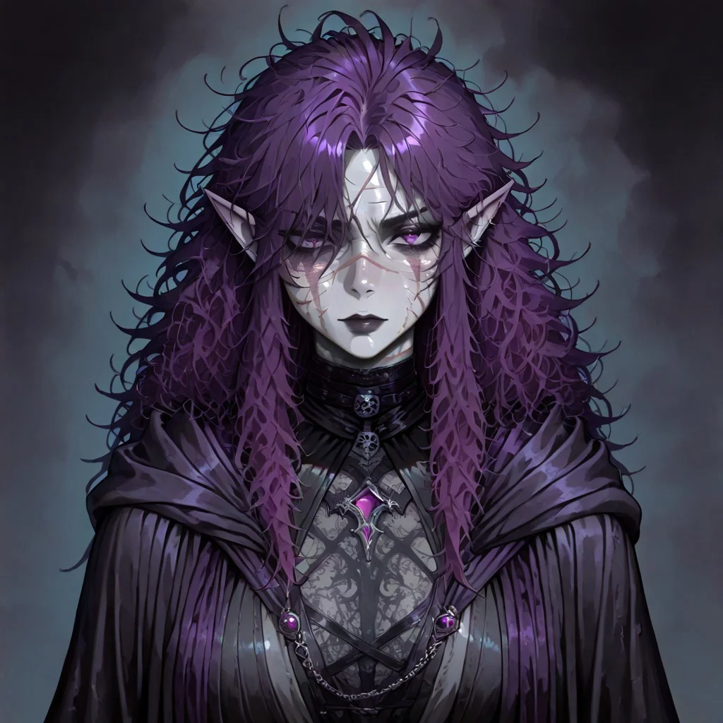 masterpiece, best quality, newest, absurdres, highres,
ERIDV1.0, 1girl, goth, gothic, goth fashion, elf, coreset, messy hair, scar, scars, scar on face, fantasy, Purple hair, robe, cape, Purple eyes, grey skin, colored skin, grey colored skin,