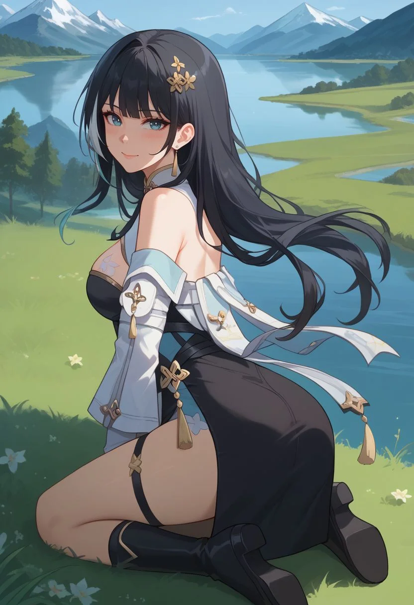 score_9, score_8_up, score_7_up, source_anime, 1girl, baizhidef, blue eyes, black hair, long hair, streaked hair, hair ornament, earrings, jewelry, bare shoulders, detached sleeves, long sleeves, black dress, cleavage cutout, white jacket, off shoulder, chinese clothes, thigh strap, boots, black footwear, wariza, kneeling, closed mouth, smile, blush, looking at viewer, outdoors, grass, lake, mountain in the background, sun, from behind, looking back, <lora:Baizhi_v1-000010:1>