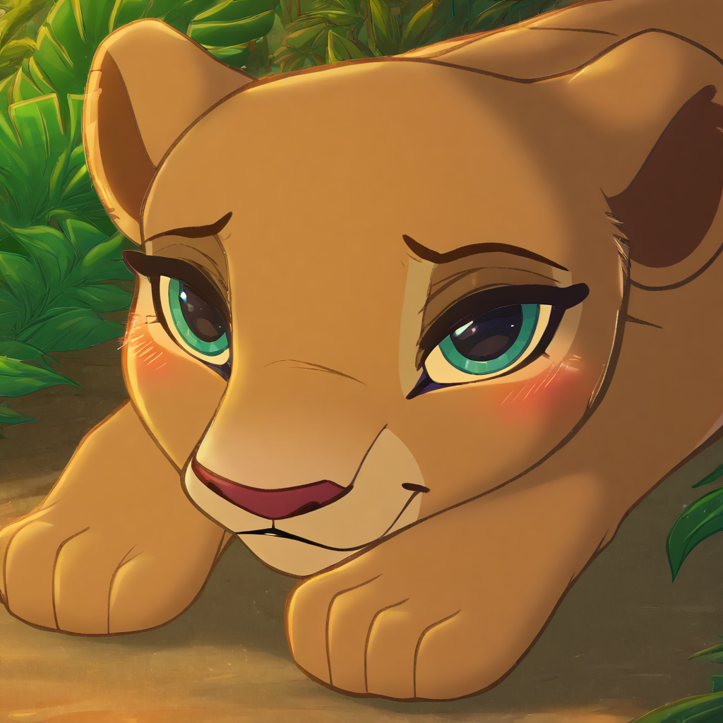 zPDXL, score_9_up, score_8_up,_7_up, score_6_up, score_5_up, score_4_up ,source_furry, best quality, amazing quality, masterpiece, 1girl, looking at viewer, solo, lying on the ground, cute, blush, cute smile, cute pose, close, face focus, out doors, savanna, jungle, leafs, water, nala, lioness, brown-cream fur, teal eyes, lion tail, <lora:Nala:0.8>, dimwitdog, <lora:dimwitdog:1>, Expressiveh, good_hands, <lora:Expressive_H:0.8>, <lora:Detail_Slider_v1.4_iteration_3:4>, <lora:pony_good_hands:0.8>
