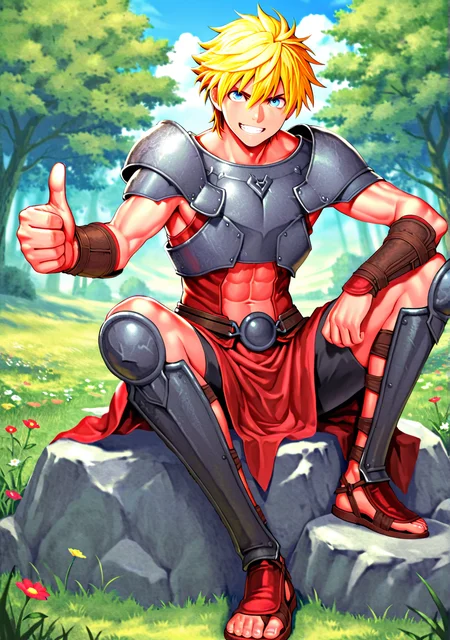masterpiece,best quality,amazing quality, FMIXF, vibrant details, sshdw, colorful, detailed shading, hued shading, soft shadows, gradient clouds, GOHACH, 1boy, male focus, blonde hair, short hair, blue eyes, toned male, breastplate, pauldrons, (red sleeveless vest, stomach cutout), abs, red vambraces, bracers, belt, belt buckle, red pteruges, no trim, red toeless footwear, shin guards, sandals, sitting on rock, one hand on knee, looking at viewer, :d, teeth, grin, thumbs up, trees, grass, flowers