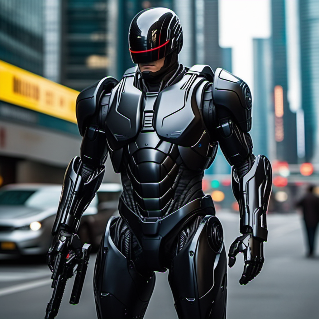 Robocop2014, a black armored robot, full body, cyberpunk city background, highly detailed,  photography, ultra sharp, film, professional, 64k <lora:add-detail-xl:1.5>  <lora:Robocop2014-1024-000325:0.4>