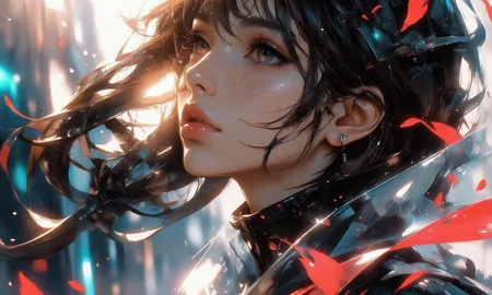 Sensational realistic closeup anime painting of a woman, Long expressive painterly strokes, side view, looking away, abstract brush strokes, wide large blurred brush strokes, soft blush. dramatic lighting, blurred bokeh background, extreme up close, intimate, incredibly lifelike, dynamic flowing hair, ink smears, goosebumps, elegant long brown hair, gorgeous composition, romanticized, white vignette effect, timeless beauty, confident yet fragile look as she gazes into the depths of the unknown. dark Time-traveling Tangerine and Plasma Pink motion blur background, golden glowing particles, floating red petals, glistening spots, blurred impressionist cyberpunk city in the background