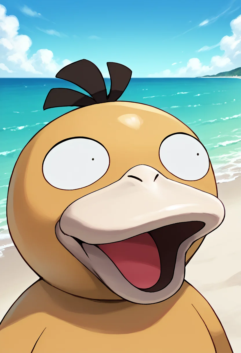 score_9, score_8_up,score_7_up, source_anime, solo pog, open mouth, portrait, beak, psyduck, pokemon (creature), looking to the side, big eyes, outdoors, beach, ocean<lora:Pony\Pokemon\POKEMON_PSYDUCK.safetensors:1.0:1.0> <lora:Pony\memes\pgfc_pdxl_EliPot.safetensors:1.44:1.44>