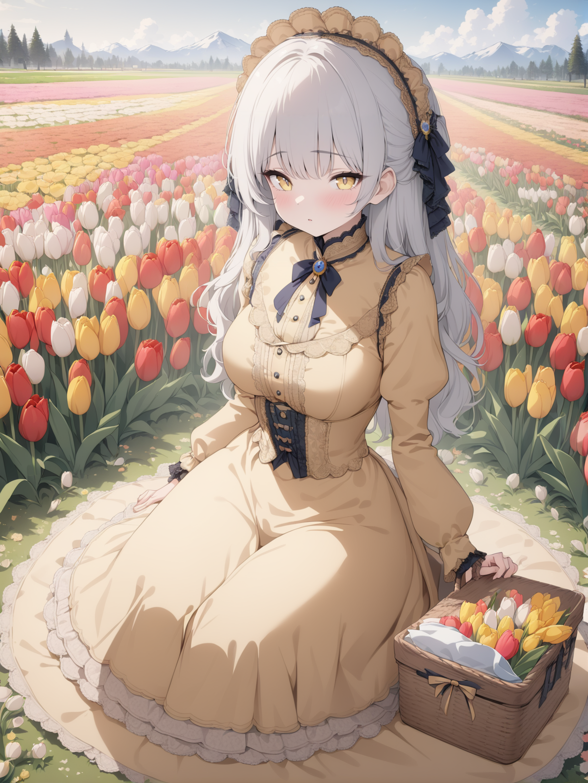 8k, masterpiece, highly detailed,
1girl wearing a yellow (victorian dress), <lora:victorian_dress-XL-2.0:1>
silver hair, picnic basket, tulips, flower field, sitting