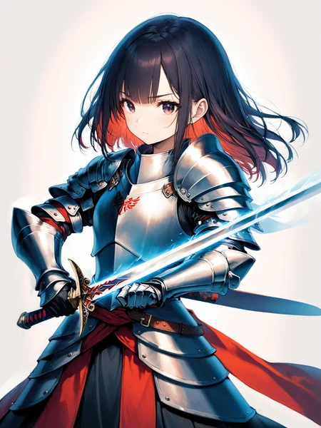 1girl, Illustrate a courageous knight, clad in armor, wielding a sword, and showcasing their bravery and chivalry.