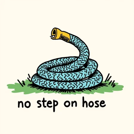 a coiled up garden hose with the caption "no step on hose" undeneath in the style of snek