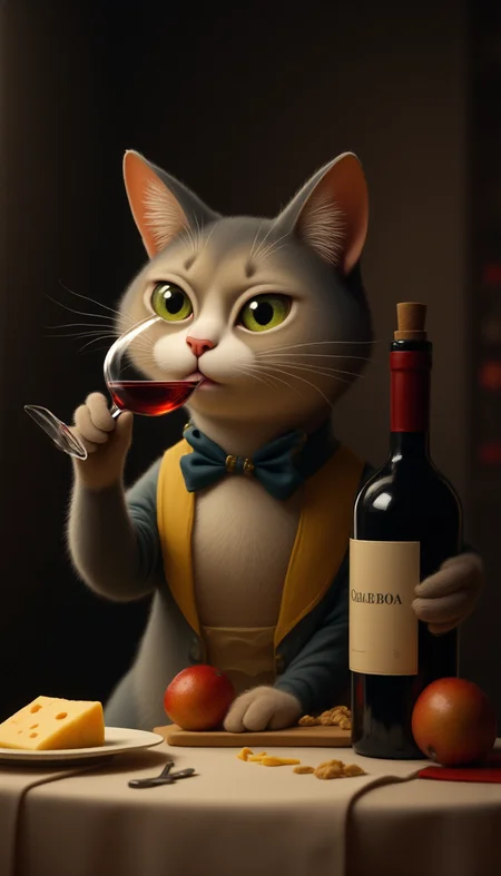 a elegant cat drinking a glass of wine, with cheese on the table, by Simon Stalenhag
