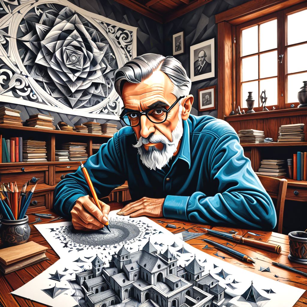 "M.C. Escher pen and ink spilling on desk paper in the shape of M.C. Escher likeness in old artist studio."
"detailed matte painting, deep color, fantastical, intricate detail, splash screen, complementary colors, fantasy concept art, 8k resolution trending on Artstation Unreal Engine 5"
