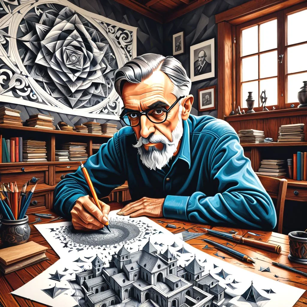 "M.C. Escher pen and ink spilling on desk paper in the shape of M.C. Escher likeness in old artist studio."
"detailed matte painting, deep color, fantastical, intricate detail, splash screen, complementary colors, fantasy concept art, 8k resolution trending on Artstation Unreal Engine 5"